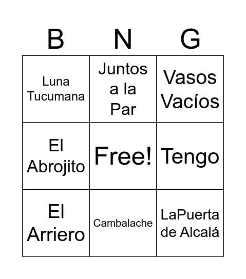 Bingo Musical Bingo Card