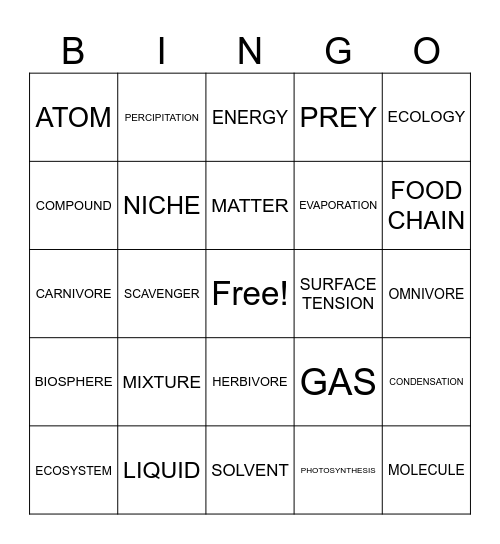 SCIENCE Bingo Card