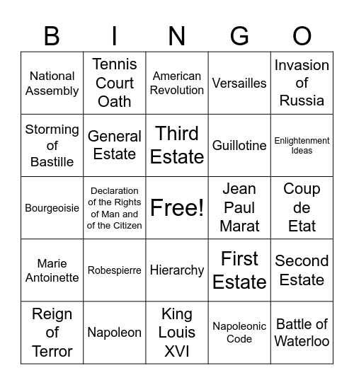 French Revolution Bingo Card