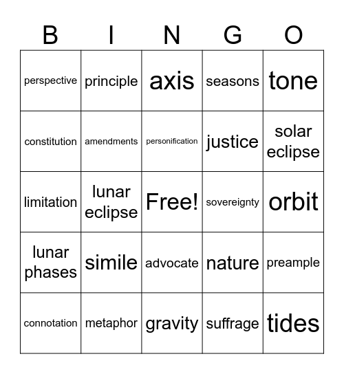 8th Grade 2nd 9 Weeks Bingo Card