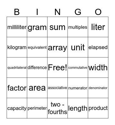 Math Vocabulary Review Bingo Card