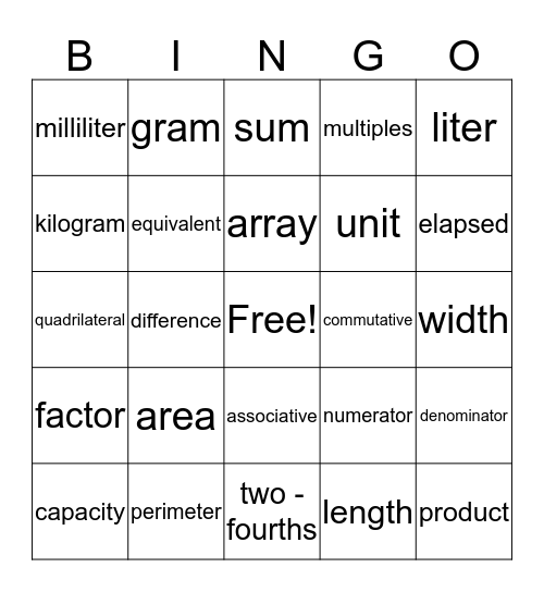 Math Vocabulary Review Bingo Card