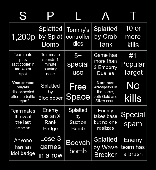 Splatoon 3 Bingo Card