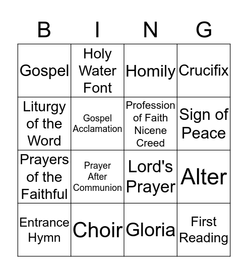 Parts of the Mass Bingo Card