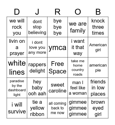 SING A LONGS Bingo Card