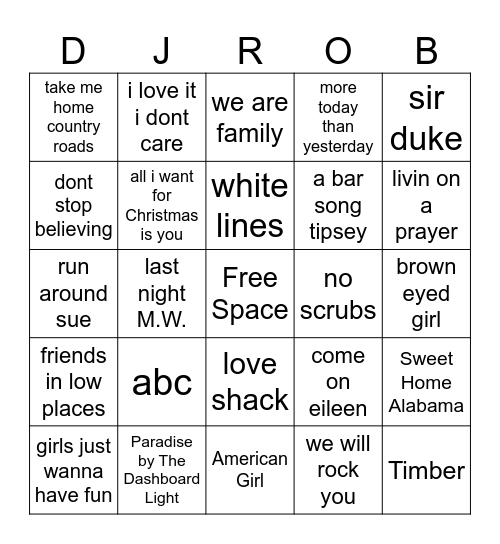 SING A LONGS Bingo Card