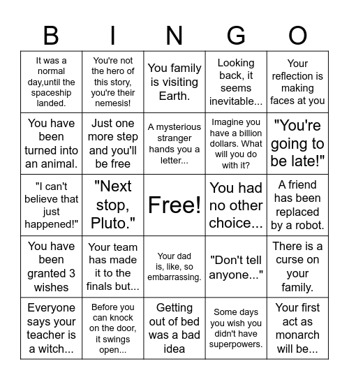 writing prompts Bingo Card