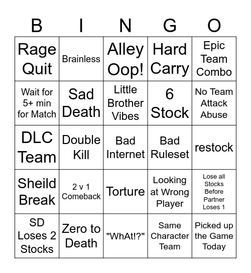 Online doubles Bingo Card