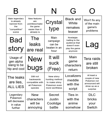 Pokemon DLC Bingo Card