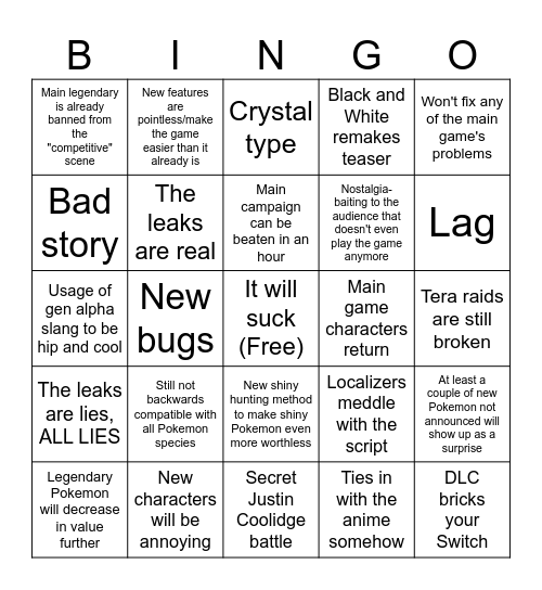 Pokemon DLC Bingo Card