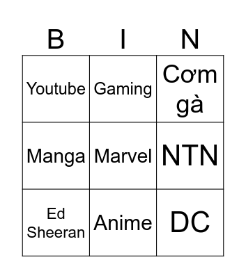 Phần nội dung của hùng Bingo Card