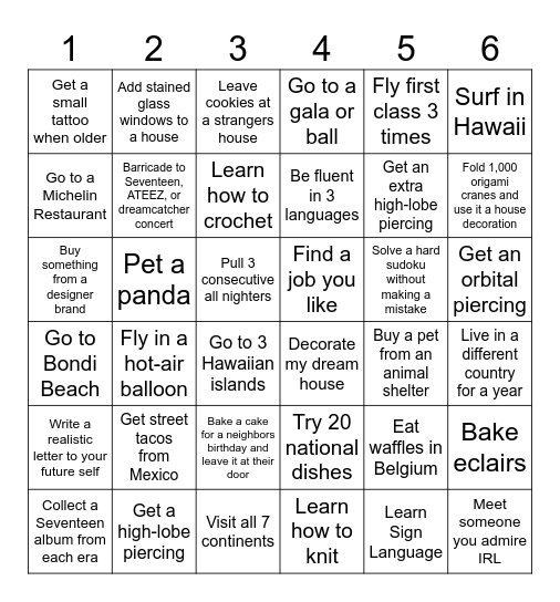 Bucket List Bingo Board Bingo Card