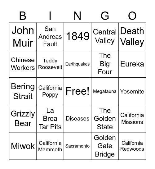 California History Bingo Card