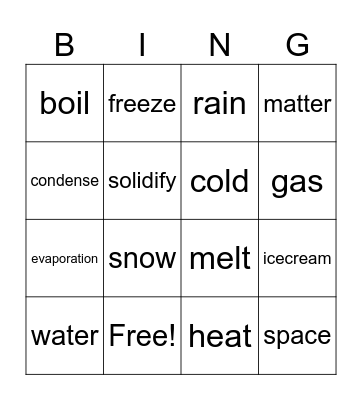 States of Matter Bingo Card