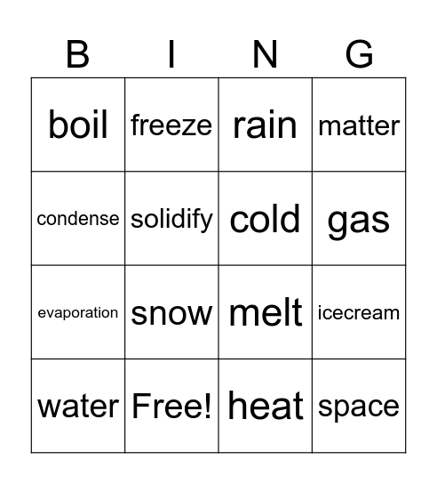 States of Matter Bingo Card