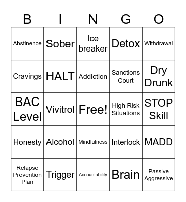 Sober Bingo Card