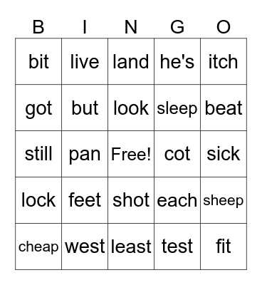 Vowel Sounds Bingo Card