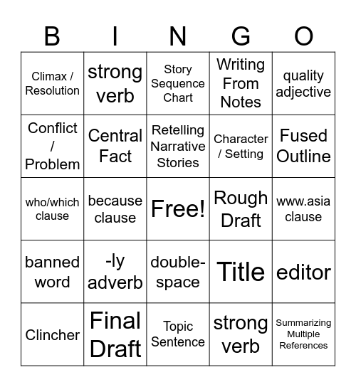 IEW Bingo Card