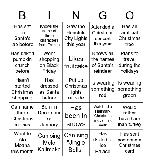 Christmas People Bingo Card
