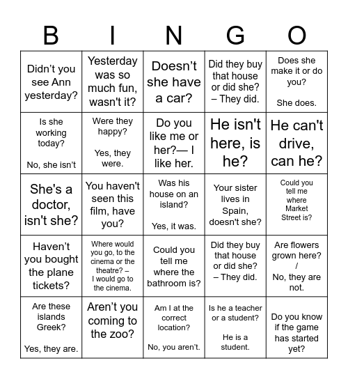 Other types of Questions Bingo Card