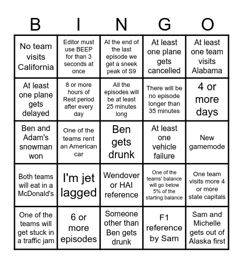 Jet Lag - The Game: Season 8 Bingo Card