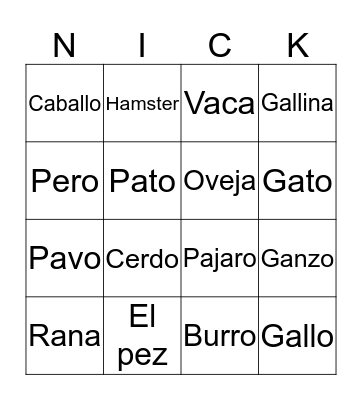 Animals  Bingo Card