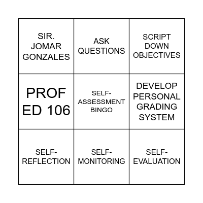 SELF ASSESSMENT BINGO Card