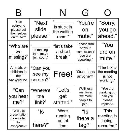 Phrases Heard Every Virtual Meeting Bingo Card