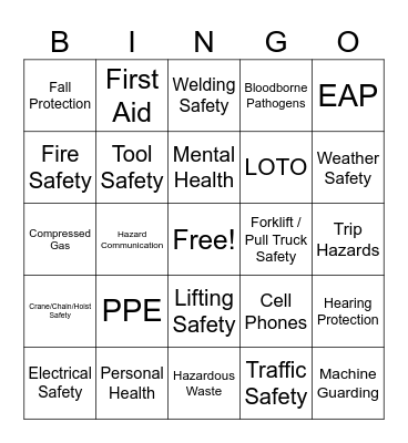 Cottrell Safety Bingo Card