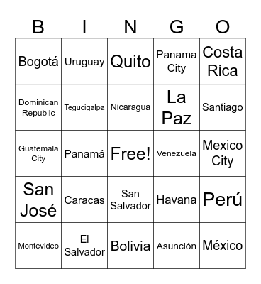 Latin American Countries and Capitals Bingo Card