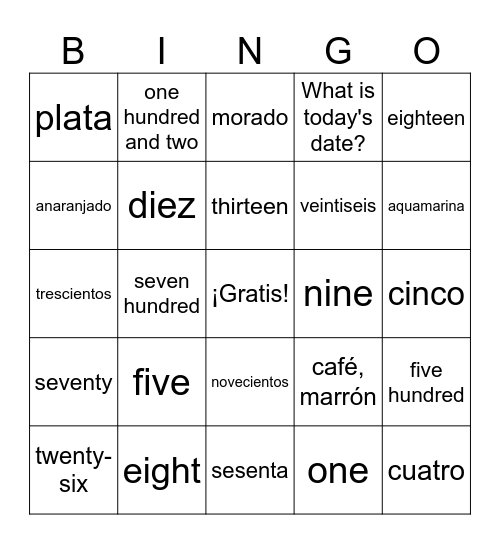 Los Colores y Los Números Lotería Bingo Card