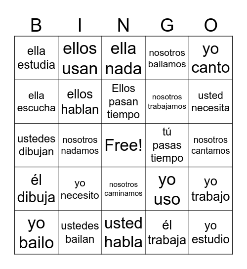 Spanish 2A AR Verbs Bingo Card