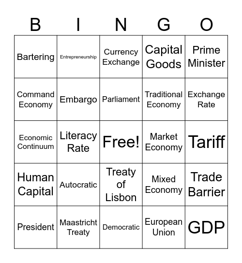 European Government & Economy Bingo Card