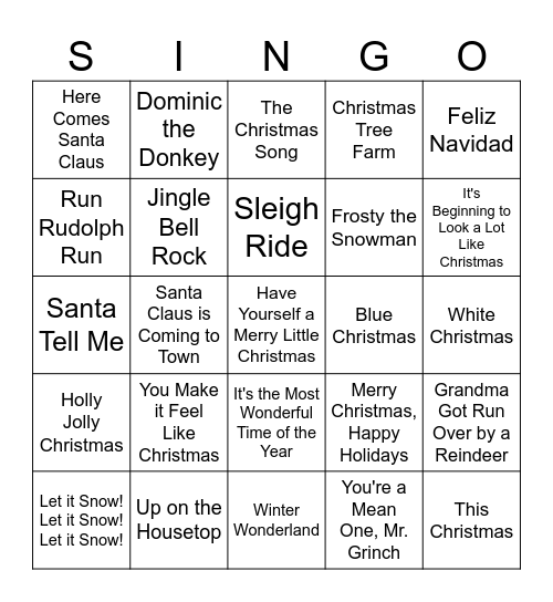 Christmas Singo Bingo Card