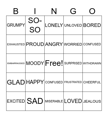 Feeling and Emotions Bingo Card