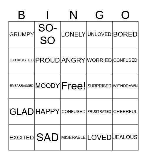 Feeling and Emotions Bingo Card