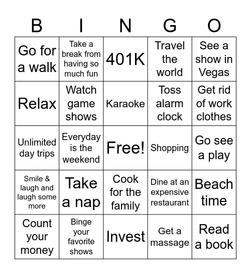 Renee's Retirement Bingo Card