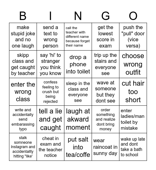 Embarassing Moment Bingo Card