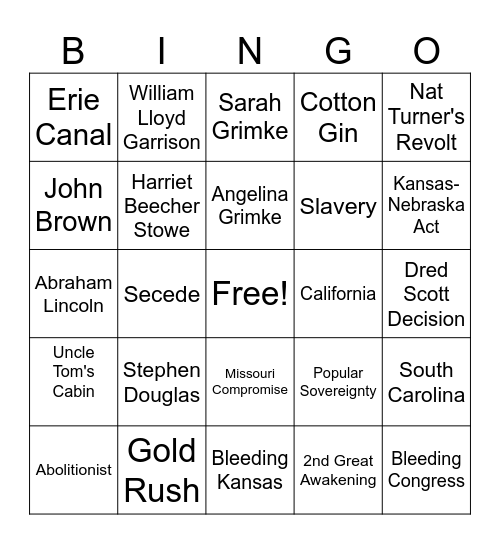 Causes of Civil War Bingo Card