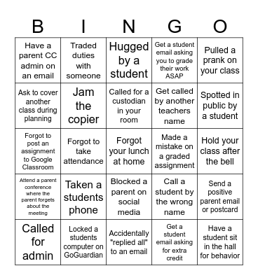 TEACHER BINGO Card