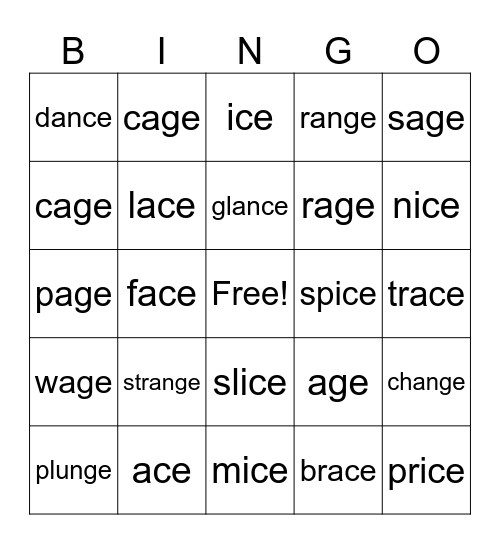 -CE and -GE Words Bingo Card