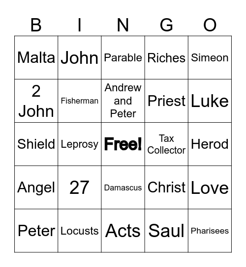 NT Bible Trivia Bingo Card
