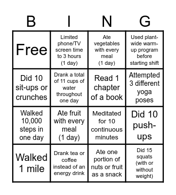 Example Health Challenge Bingo Card Bingo Card