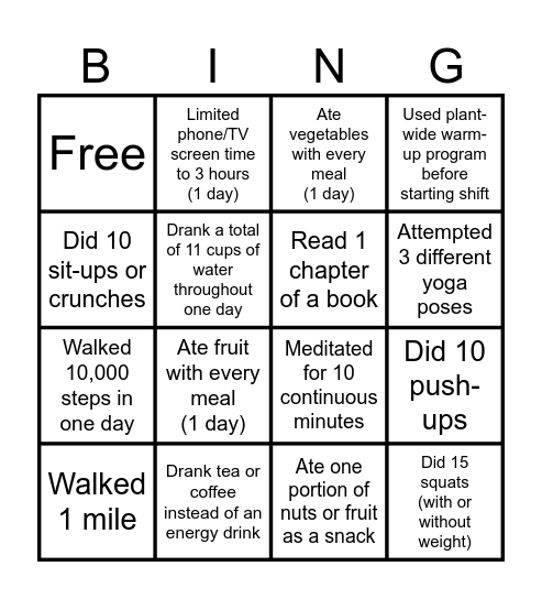 Example Health Challenge Bingo Card Bingo Card