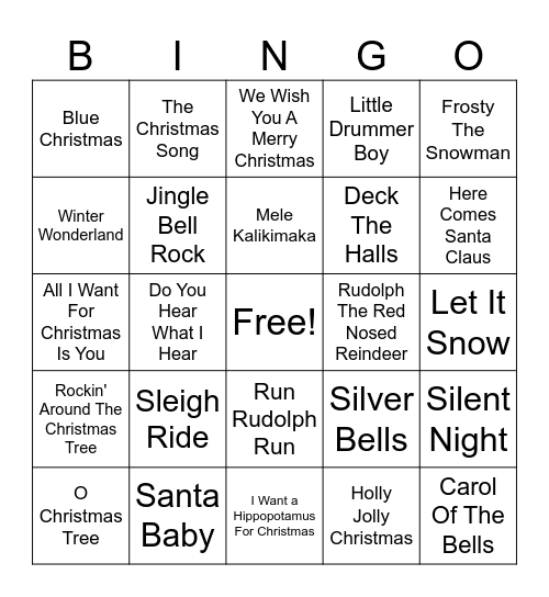 Holiday Music Bingo Card