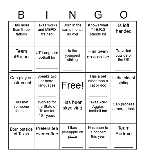 Icebreaker Bingo Card