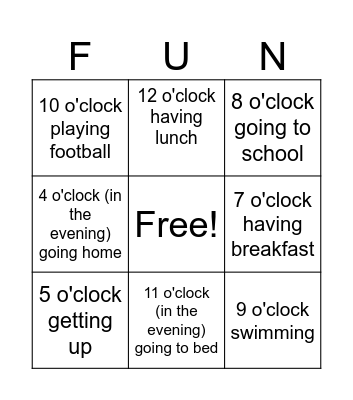 Time and action Bingo Card