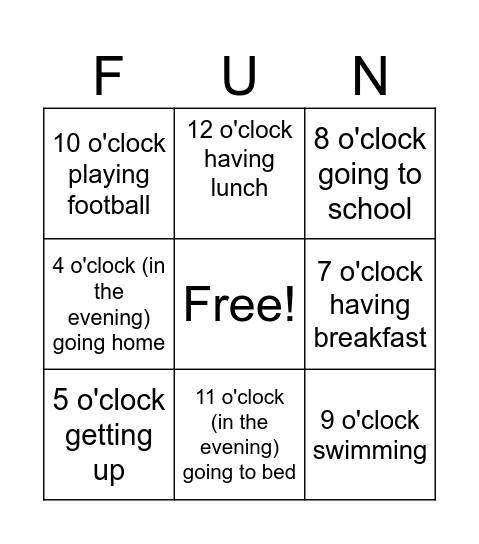 Time and action Bingo Card