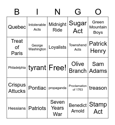 Road to Revolution Bingo Card