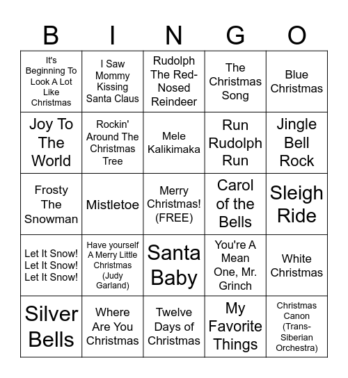 Christmas Carol Bingo Card